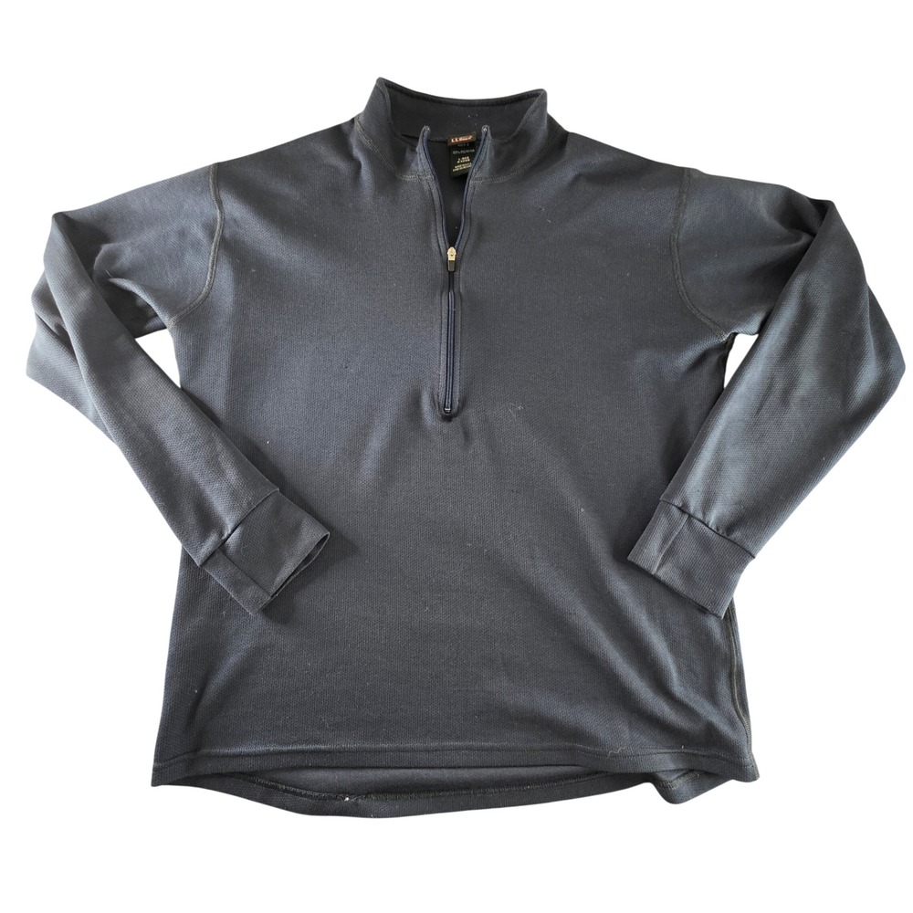 LL Bean Mens Quarter Zip Pullover Navy Blue Waffle Knit Thumbholes L-REG 0XD08